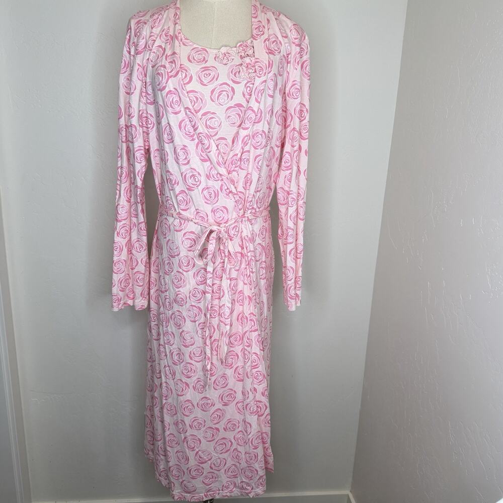 Garnet Hill Pink Rose Nightgown Robe Set Womens Medium Pink Green Cotton Pajamas